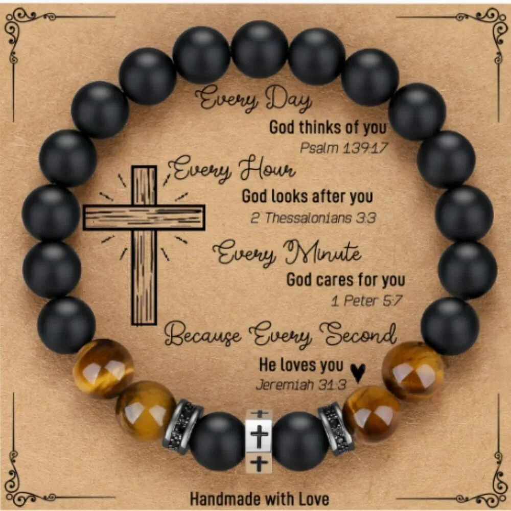 Faith Bracelet with Black Onyx & Tiger Eye Stones Handmade Gift Bible Verses NWT
